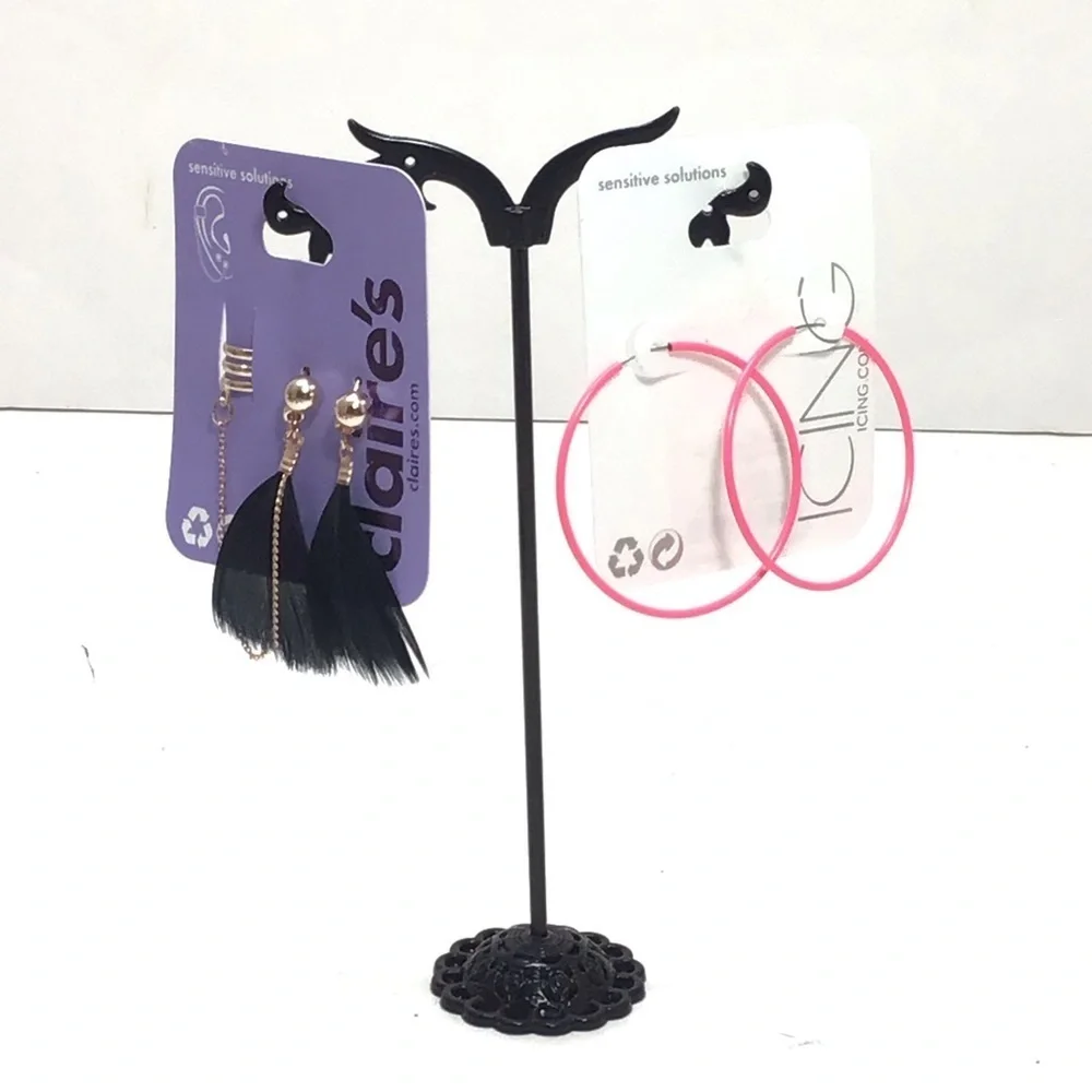 (2 pairs) Claire’s & Icing Neon Pink Hoop Feather Dangle Cuff Pierced Earrings